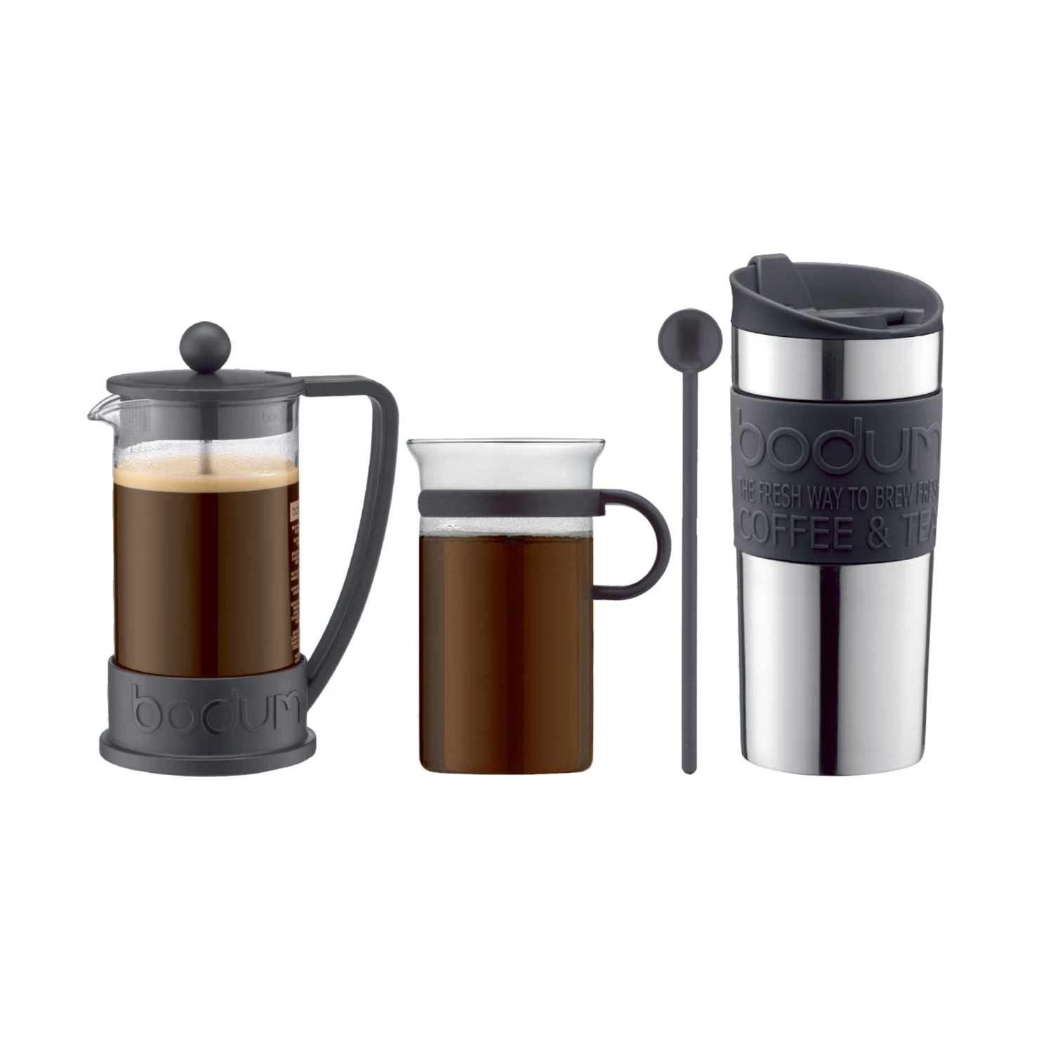 Bodum Koffieset Met Cafetière, Kop, Reismok En Lepel 1 Bodum Koffieset Met Cafetière, Kop, Reismok En Lepel